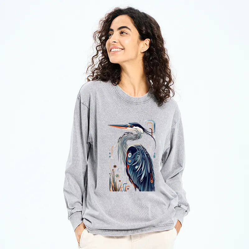 Kyoto-Lion Stylish Blue Heron Washed Long Sleeve T-Shirt