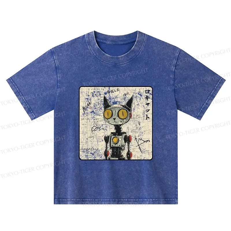 Kyoto-Lion Robot Cat Kids Washed T-Shirt