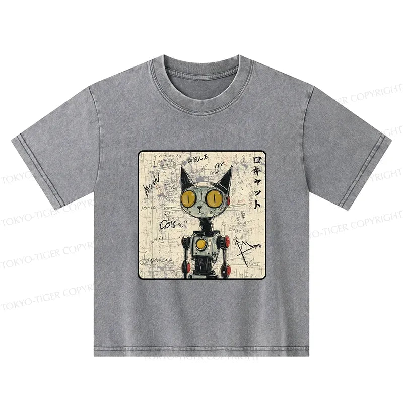 Kyoto-Lion Robot Cat Kids Washed T-Shirt