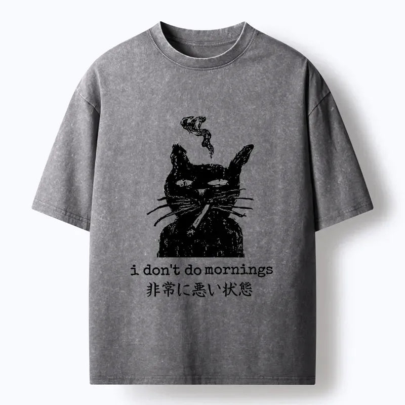 Kyoto-Lion Sassy Smoke Cat Morning Hater Meme Art Washed T-Shirt