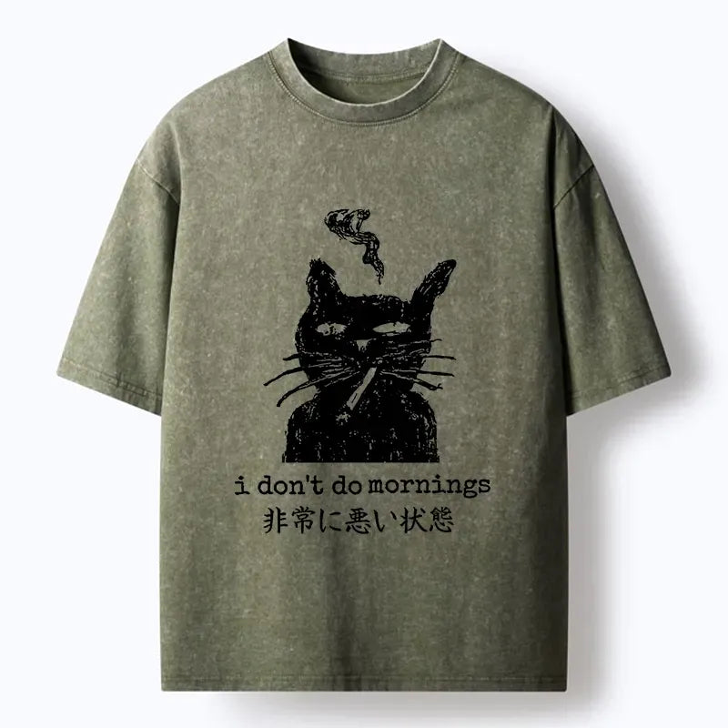 Kyoto-Lion Sassy Smoke Cat Morning Hater Meme Art Washed T-Shirt