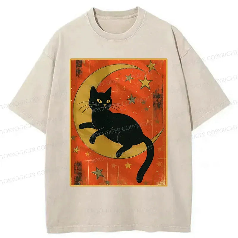 Kyoto-Lion Black Cat On The Moon Washed T-Shirt
