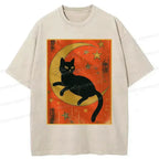 Kyoto-Lion Black Cat On The Moon Washed T-Shirt
