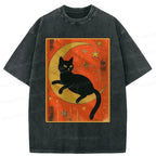 Kyoto-Lion Black Cat On The Moon Washed T-Shirt