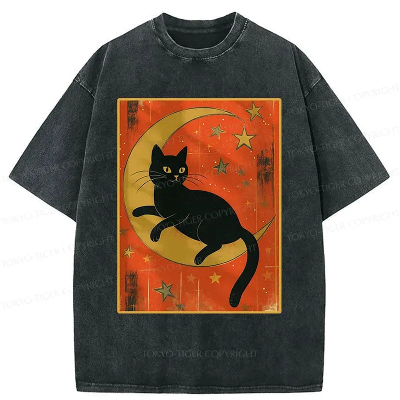 Kyoto-Lion Black Cat On The Moon Washed T-Shirt