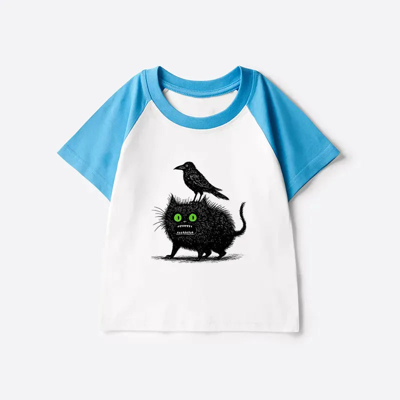 Kids Raglan T-shirt with Crow and Black Cat