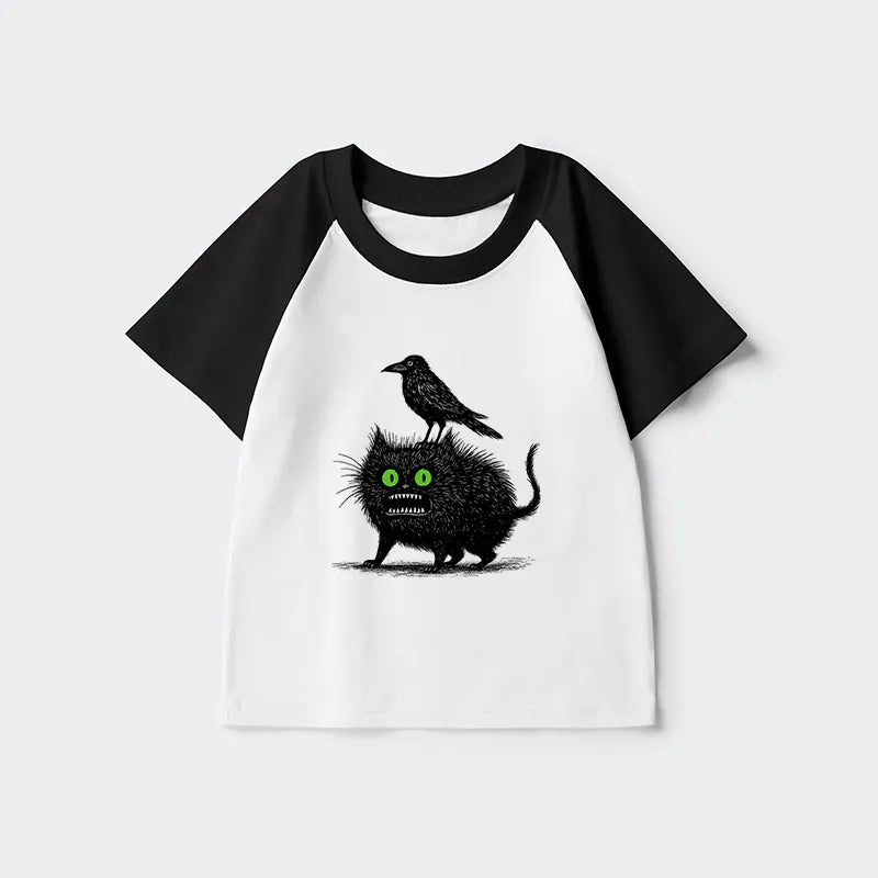 Kids Raglan T-shirt with Crow and Black Cat