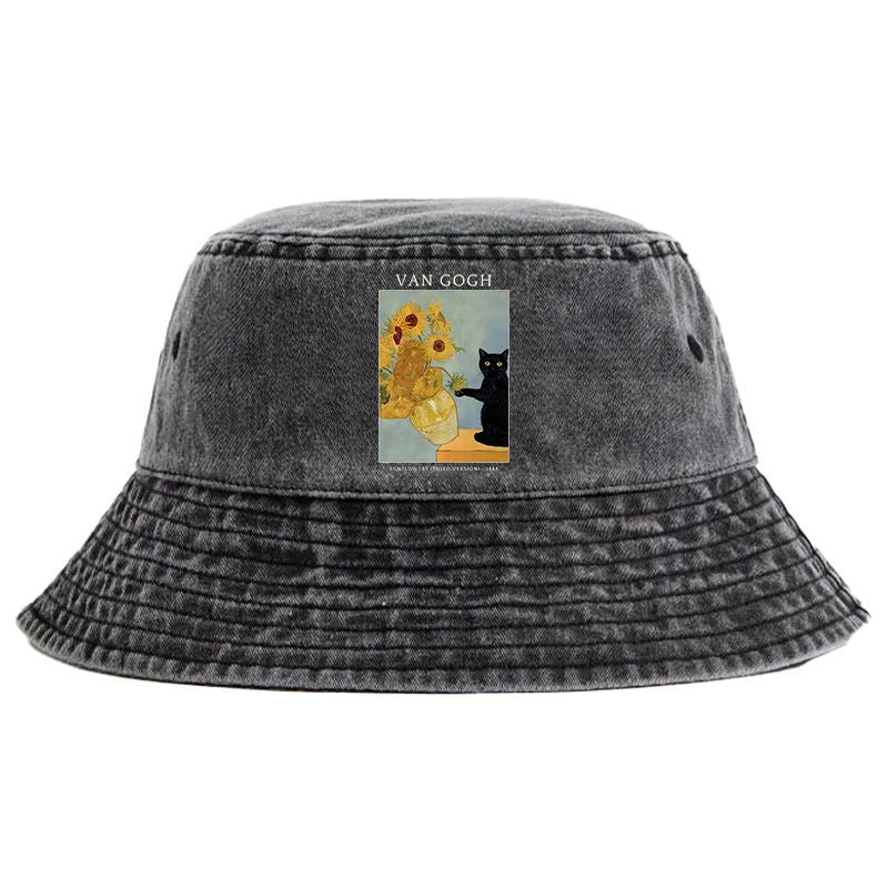 Kyoto-Lion Black Cat With Sunflowers Washed Bucket Hat