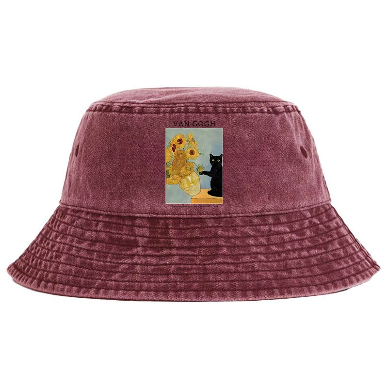 Kyoto-Lion Black Cat With Sunflowers Washed Bucket Hat