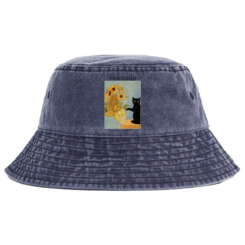 Kyoto-Lion Black Cat With Sunflowers Washed Bucket Hat