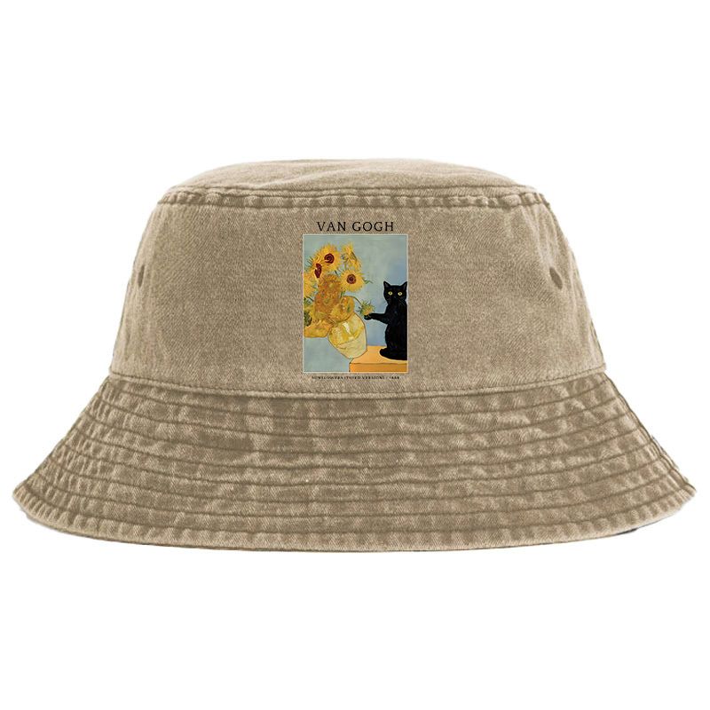 Kyoto-Lion Black Cat With Sunflowers Washed Bucket Hat