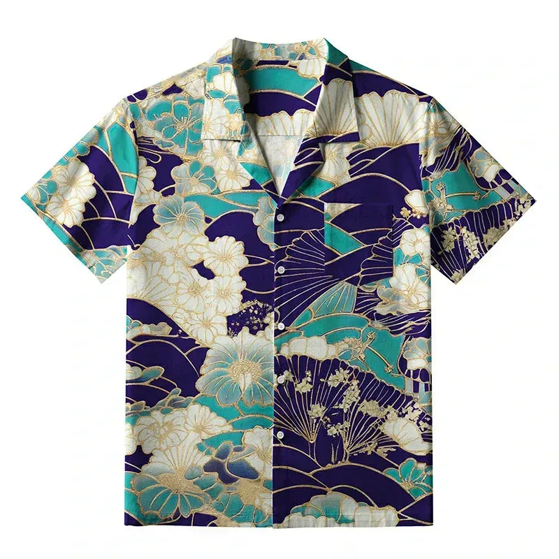 Kyoto-Lion Gold Stroke Flowers Aloha Hawaiian Shirt