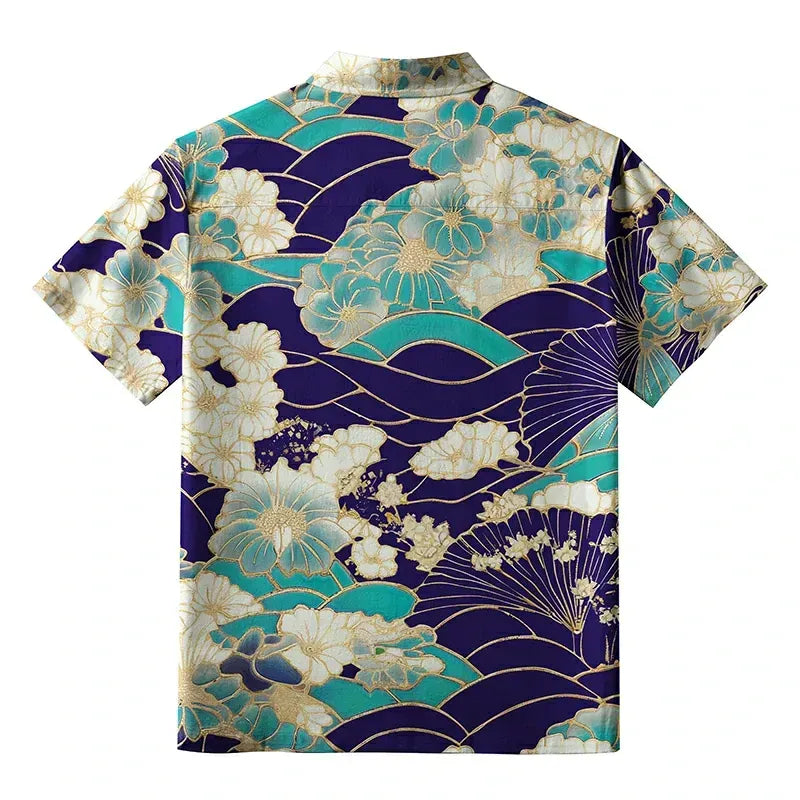 Kyoto-Lion Gold Stroke Flowers Aloha Hawaiian Shirt