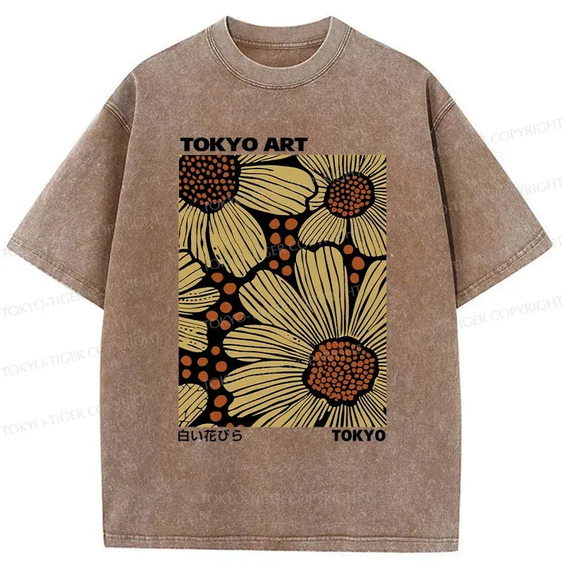 Japanese Flower Art Washed T-Shirt for Summer