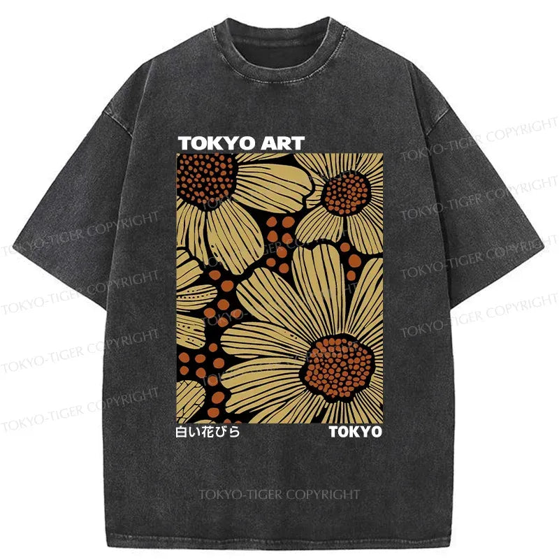 Japanese Flower Art Washed T-Shirt for Summer
