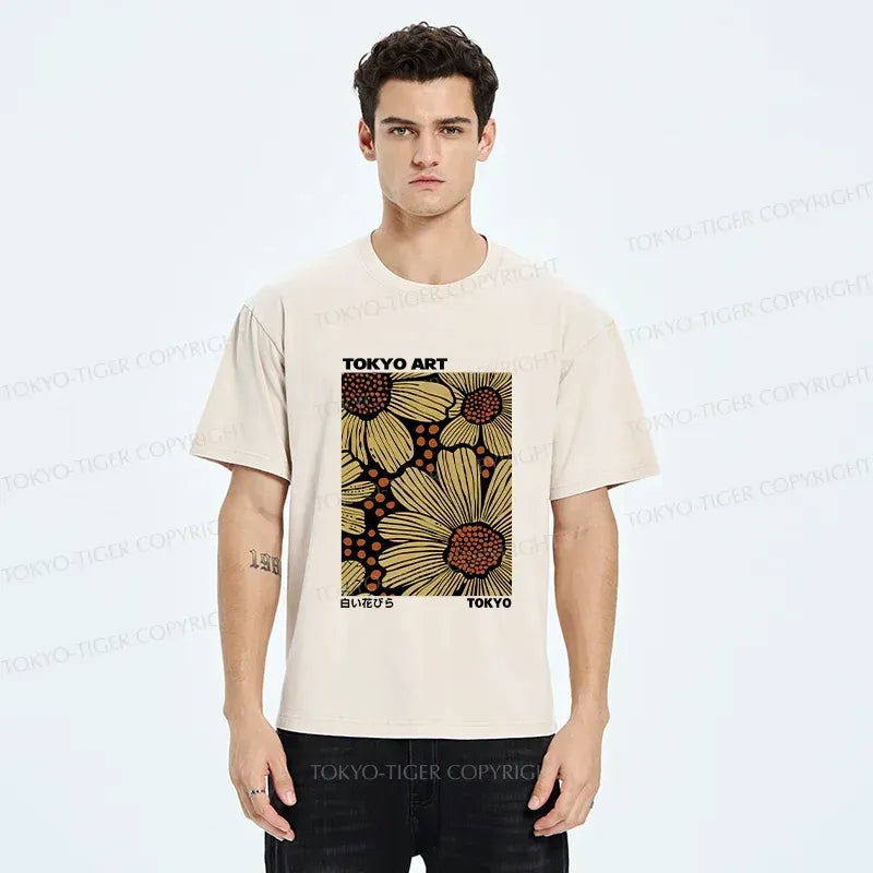Japanese Flower Art Washed T-Shirt for Summer