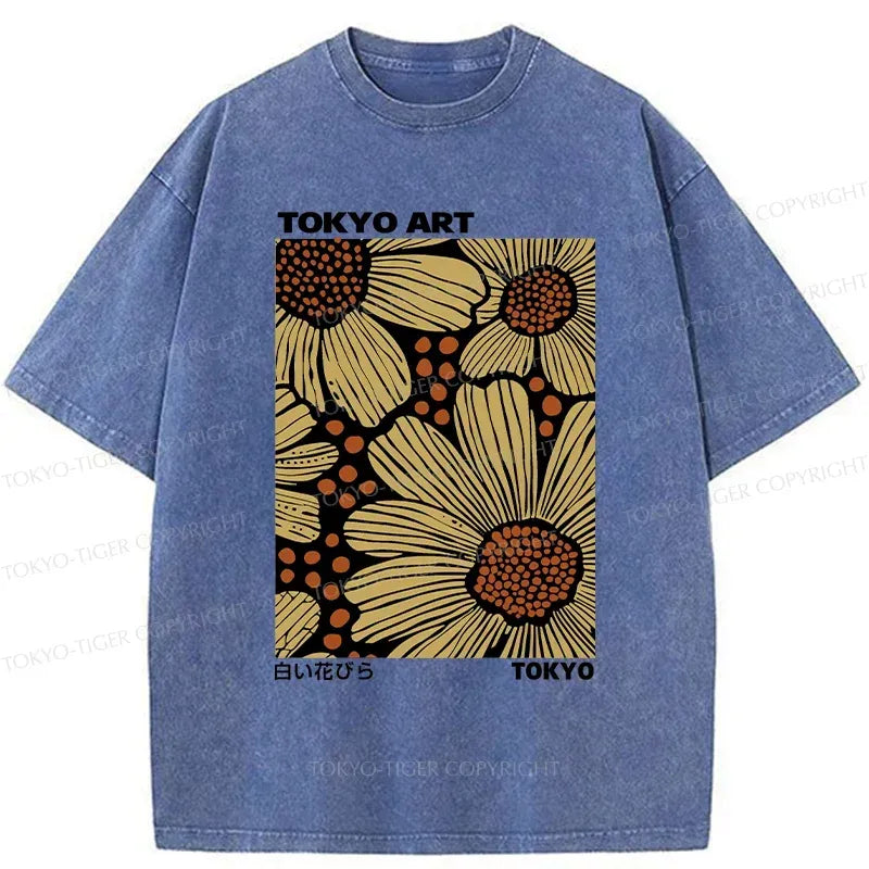 Japanese Flower Art Washed T-Shirt for Summer