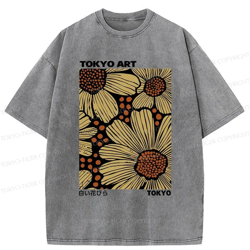 Japanese Flower Art Washed T-Shirt for Summer