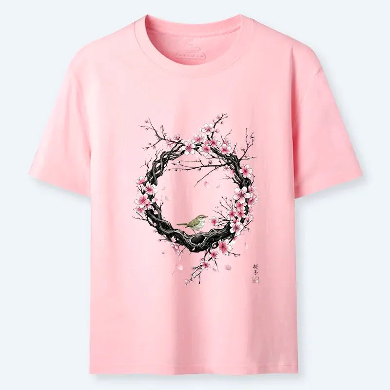 Kyoto-Lion Sakura Wreath T-Shirt for Daily Wear