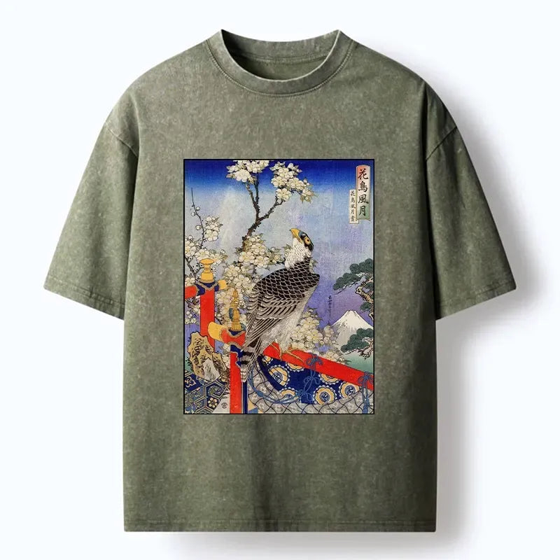 Kyoto-Lion Sakura, Eagle And Mount Fuji In Ukiyo-E Washed T-Shirt