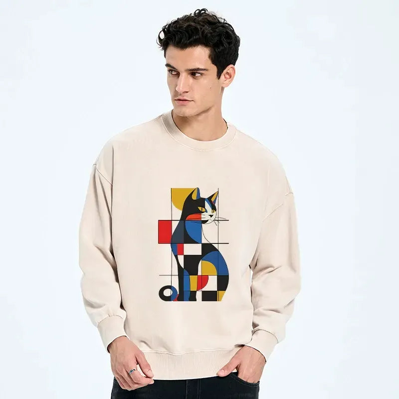 Japanese Cat Washed Sweatshirt for Streetwear
