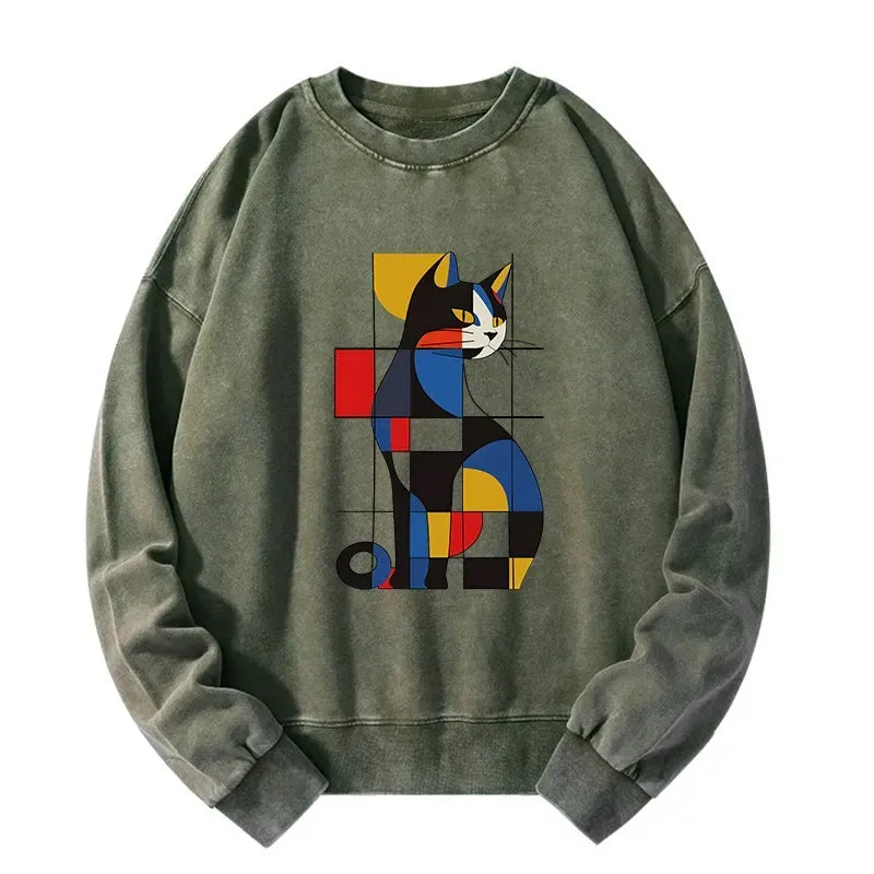 Japanese Cat Washed Sweatshirt for Streetwear