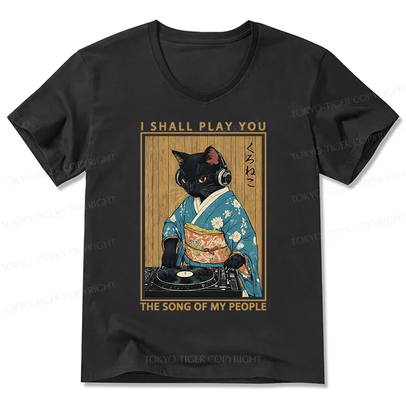 Kyoto-Lion Funny Playing Music Black Cat V-Neck Classic T-Shirt
