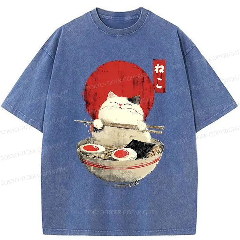 Washed White Cat Ramen T-Shirt for Summer