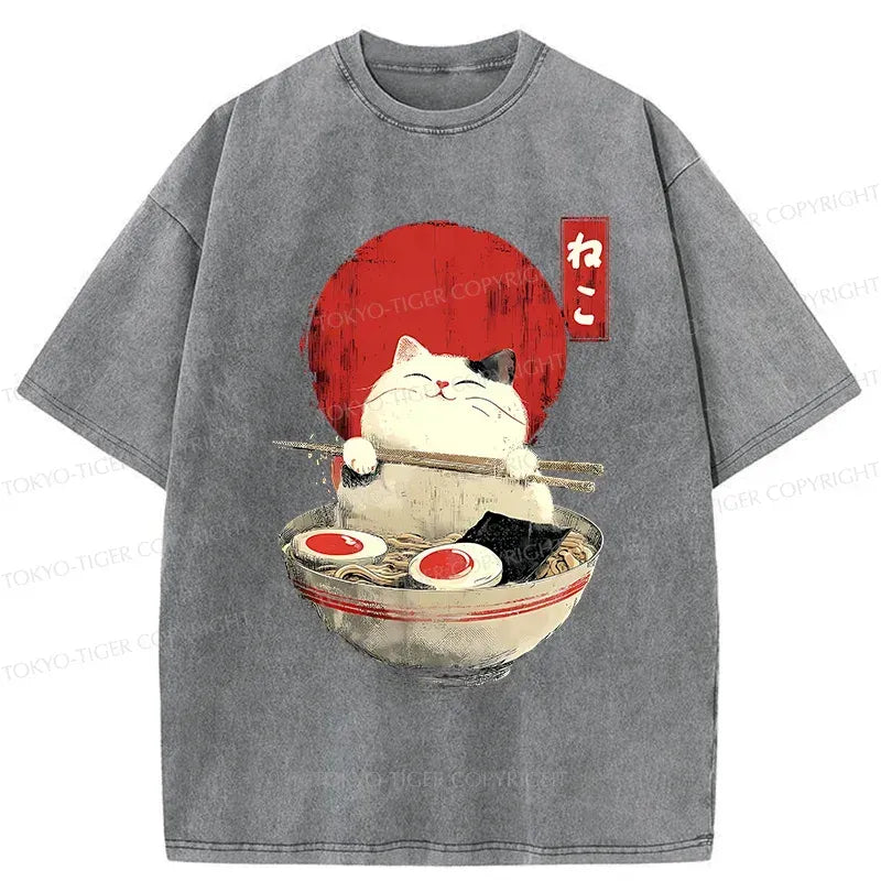 Kyoto-Lion White Cat Ramen Washed T-Shirt