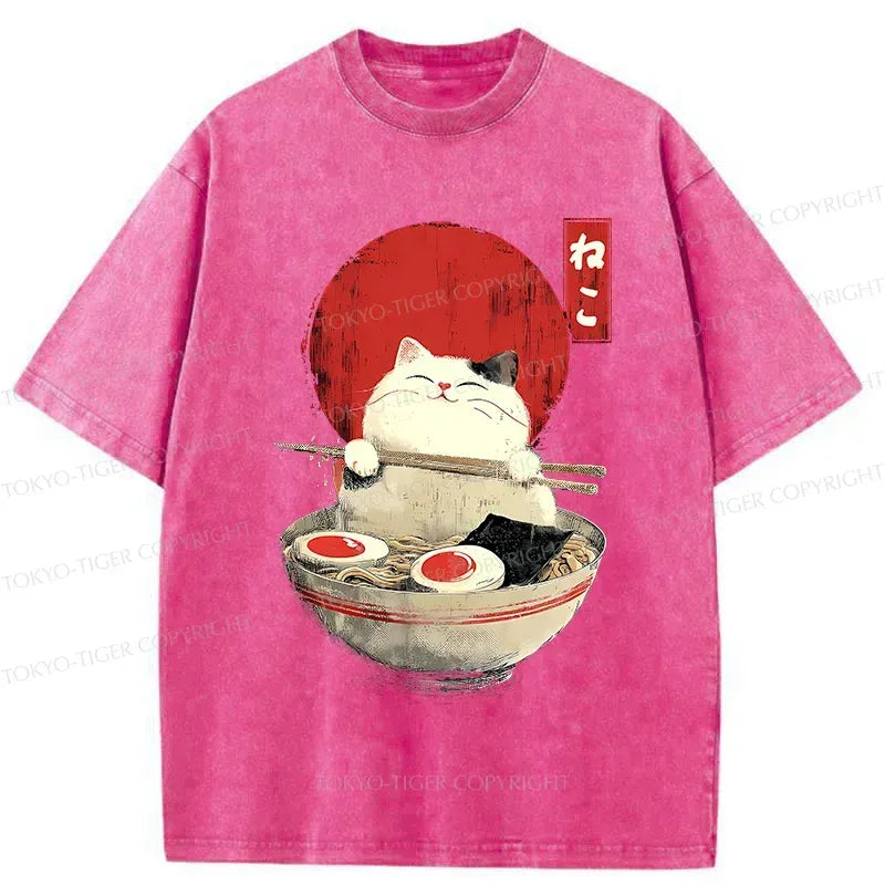 Washed White Cat Ramen T-Shirt for Summer