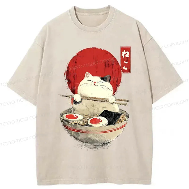 Kyoto-Lion White Cat Ramen Washed T-Shirt