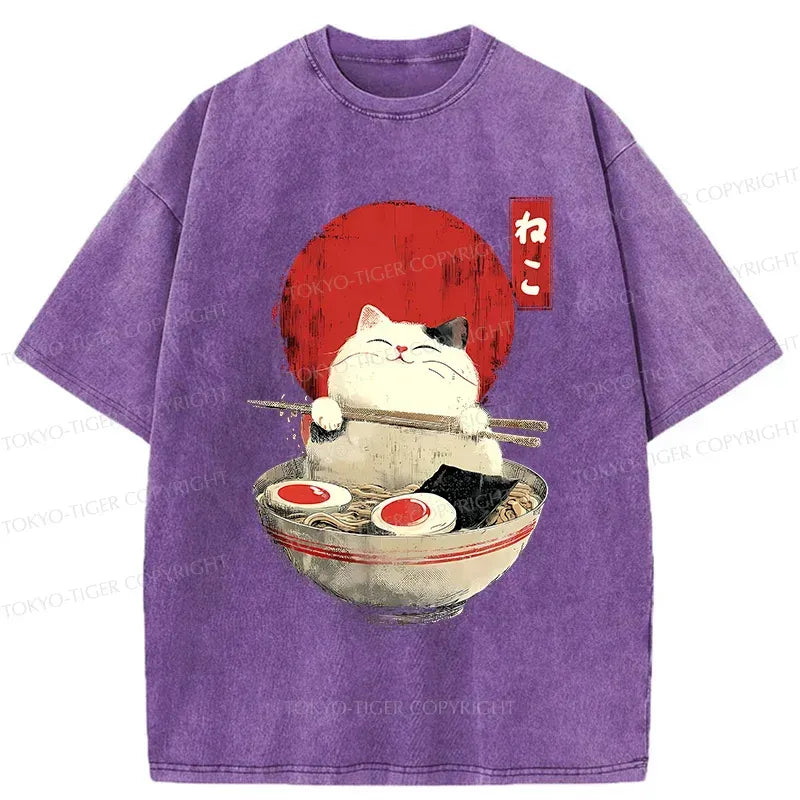 Washed White Cat Ramen T-Shirt for Summer