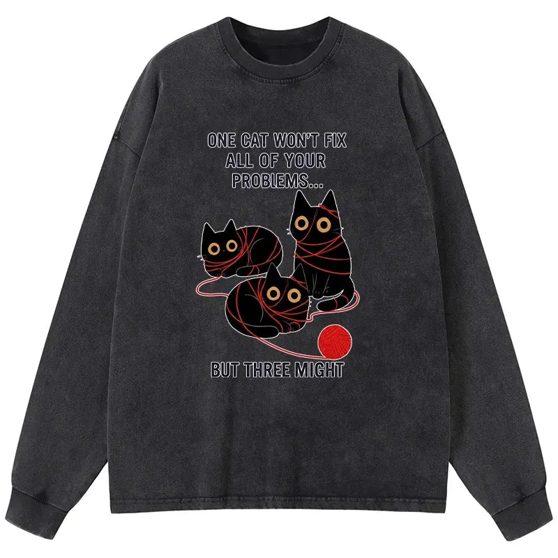Kyoto-Lion Three Cats Fix All Problems Washed Long Sleeve T-Shirt