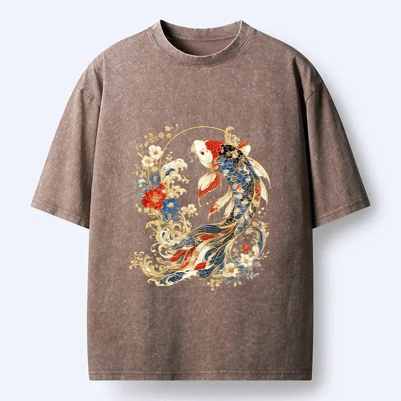 Kyoto-Lion Luxe Koi Fish Floral Oriental Print Washed T-Shirt