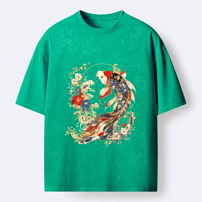 Kyoto-Lion Luxe Koi Fish Floral Oriental Print Washed T-Shirt