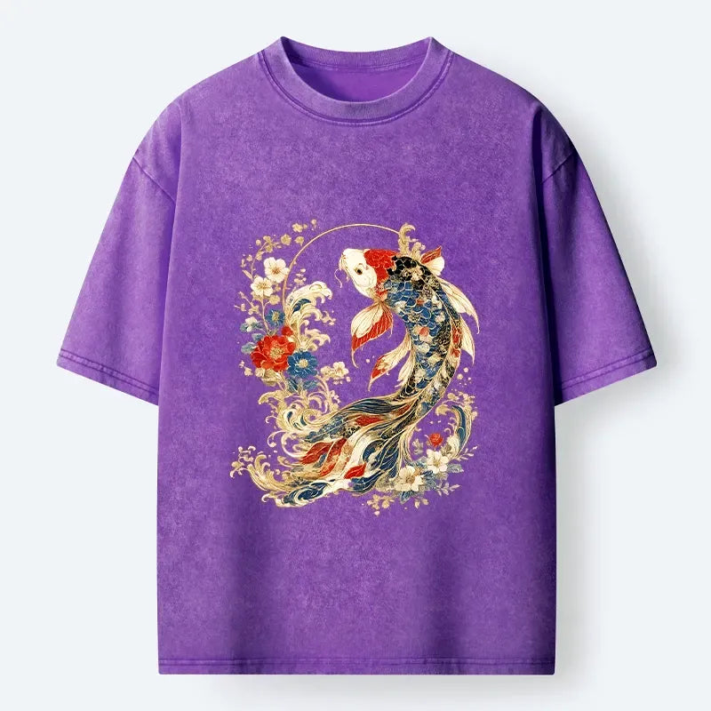 Kyoto-Lion Luxe Koi Fish Floral Oriental Print Washed T-Shirt