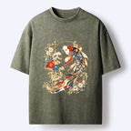 Kyoto-Lion Luxe Koi Fish Floral Oriental Print Washed T-Shirt
