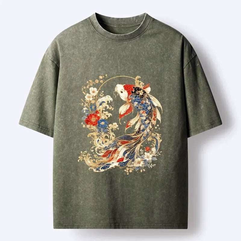 Kyoto-Lion Luxe Koi Fish Floral Oriental Print Washed T-Shirt