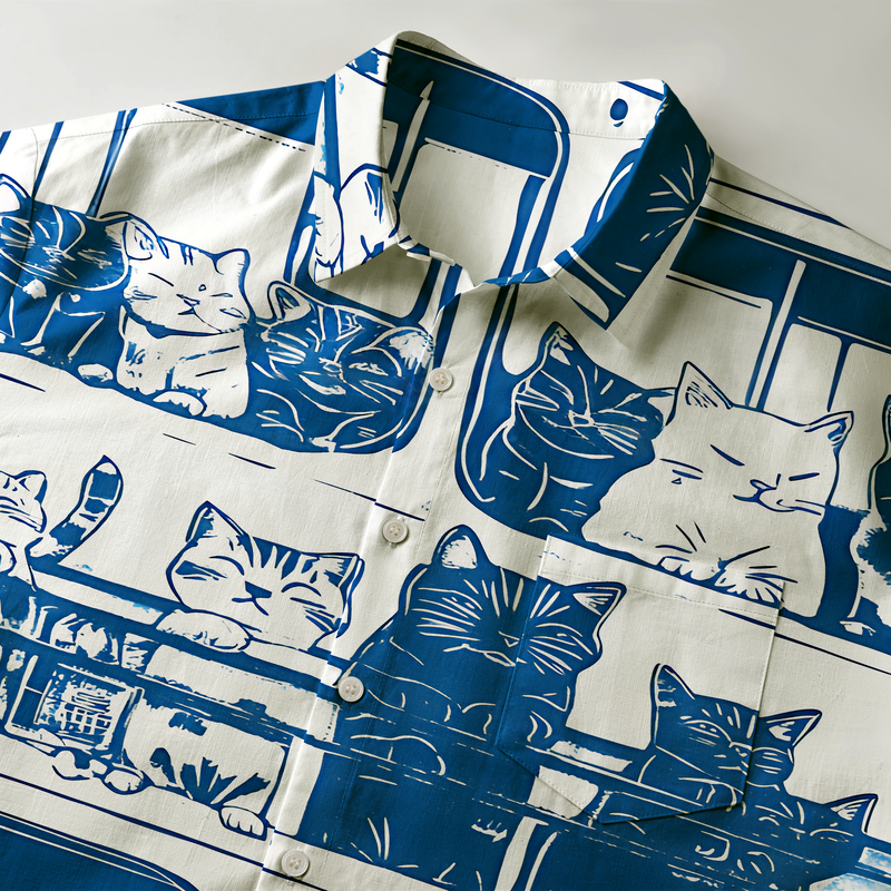 Kyoto-Lion Cats On The Commuter Bus Button-up Shirt