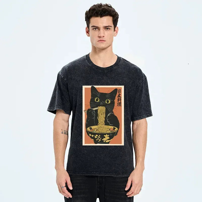Japanese Ramen Cat T-Shirt for Summer
