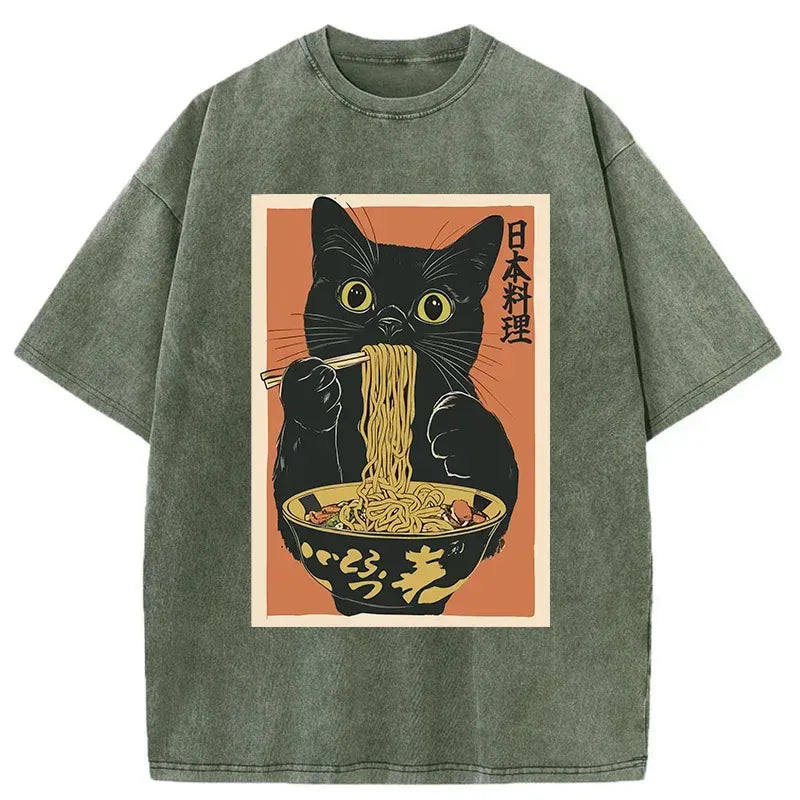 Japanese Ramen Cat T-Shirt for Summer