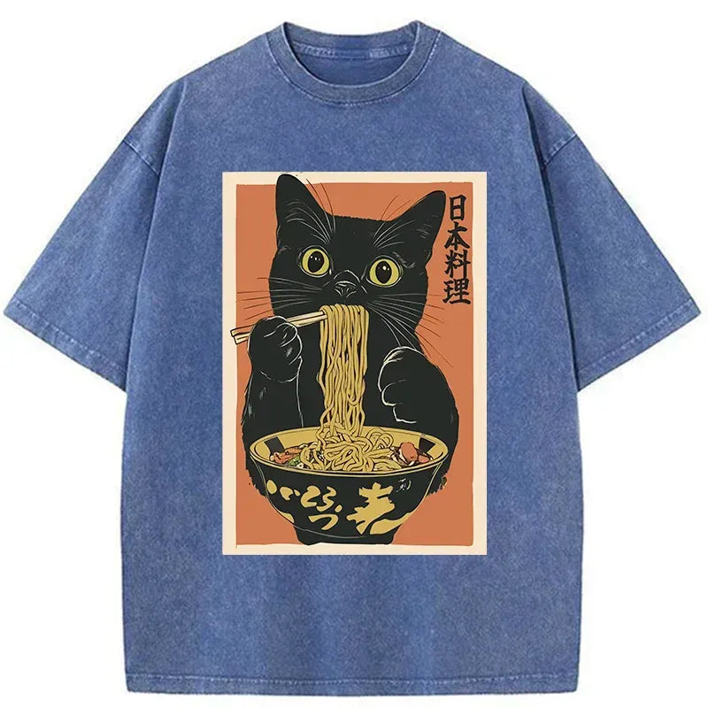 Japanese Ramen Cat T-Shirt for Summer