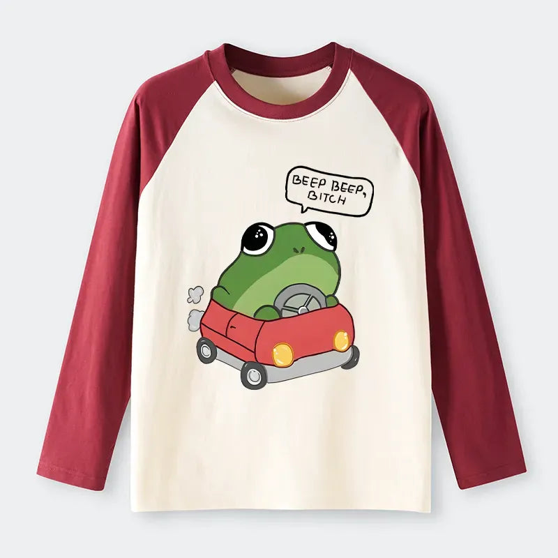 Kyoto-Lion Frog Driving Raglan Long Sleeve T-shirt