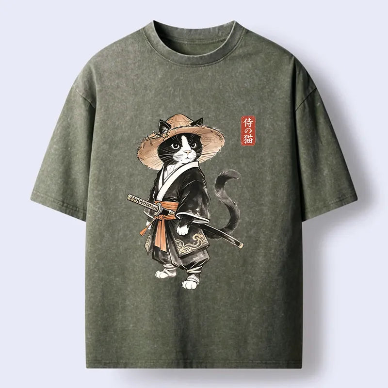 Kyoto-Lion Funny Samurai Cute Cat Washed T-Shirt