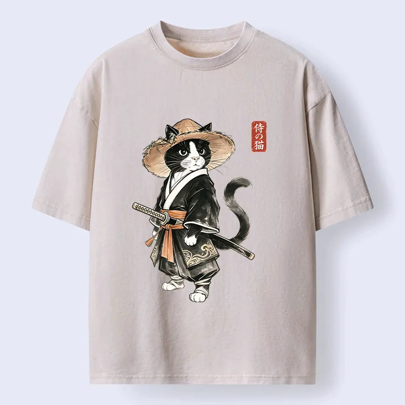 Kyoto-Lion Funny Samurai Cute Cat Washed T-Shirt