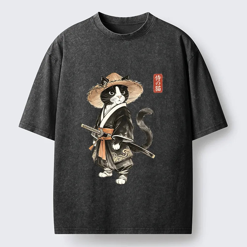 Kyoto-Lion Funny Samurai Cute Cat Washed T-Shirt