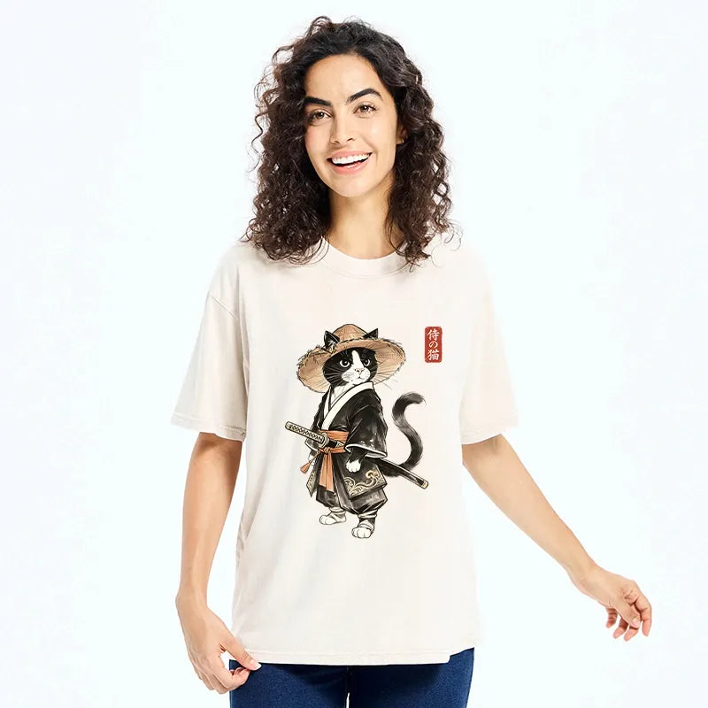 Kyoto-Lion Funny Samurai Cute Cat Washed T-Shirt