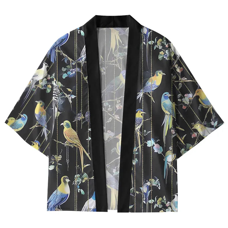 Kyoto-Lion Parrots On Branch Kimono Cardigan