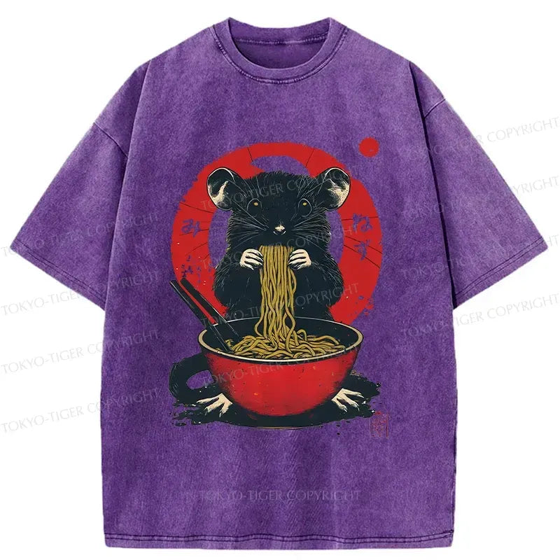 Kyoto-Lion Mouse Eating Ramen Washed T-Shirt