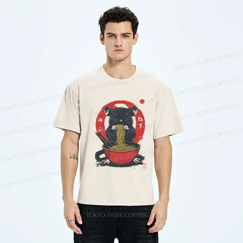 Kyoto-Lion Mouse Eating Ramen Washed T-Shirt